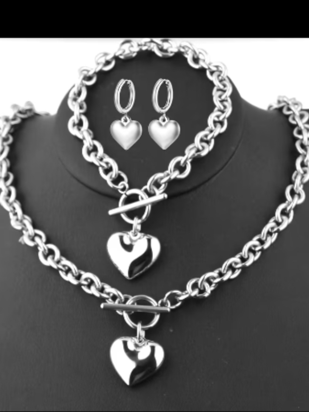 Women's Silver Heart Toggle Necklace and Earring Set